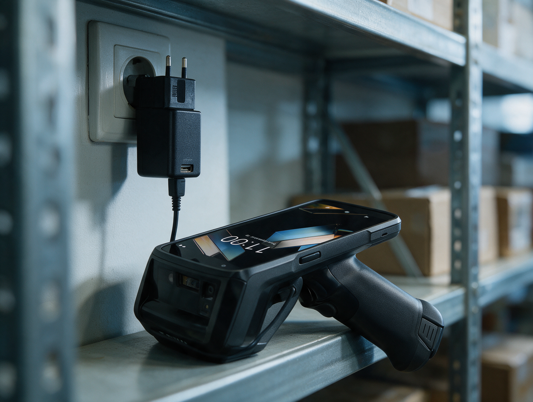 Terminal Zebra TC22R en charge sur une prise murale via son alimentation secteur